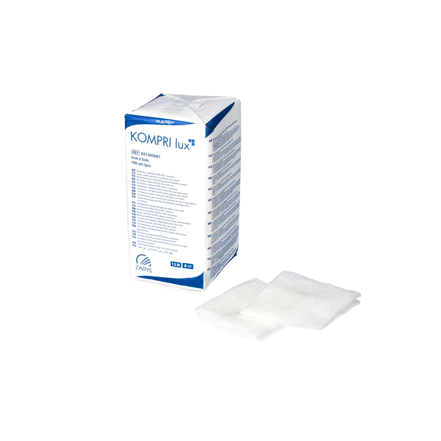 Zarys KOMPRI lux compresses de gaze sans fil radiodétectable, non stériles 13ème 8 plis 5cmx5cm - Carton de 250 sachets de 100