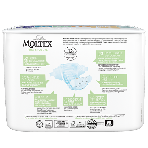 Moltex - Pure&Nature - Couche bébé - Mini - 3/6kg - Sachet de 38 pièces