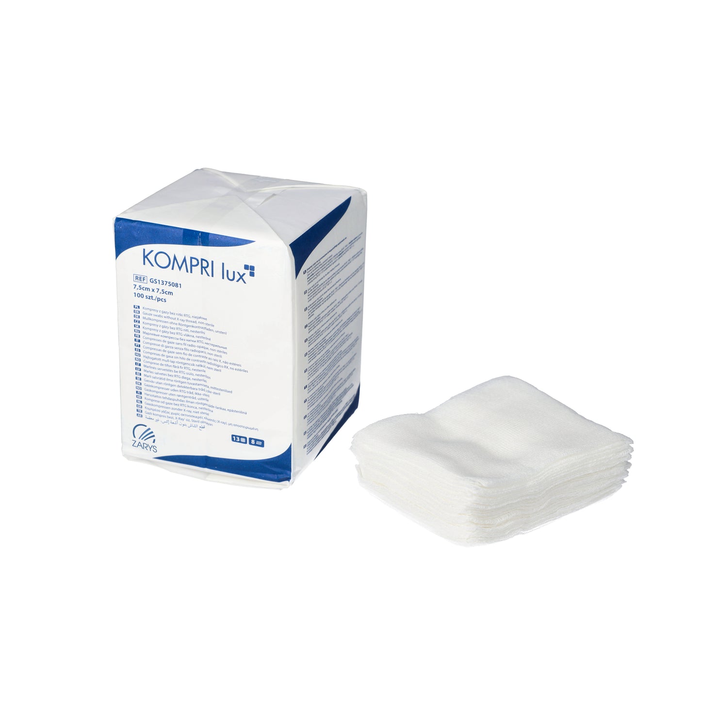 Zarys KOMPRI lux compresses de gaze sans fil radiodétectable, non stériles 13ème 8 plis 7,5cmx7,5cm - Carton de 60 sachets de 100