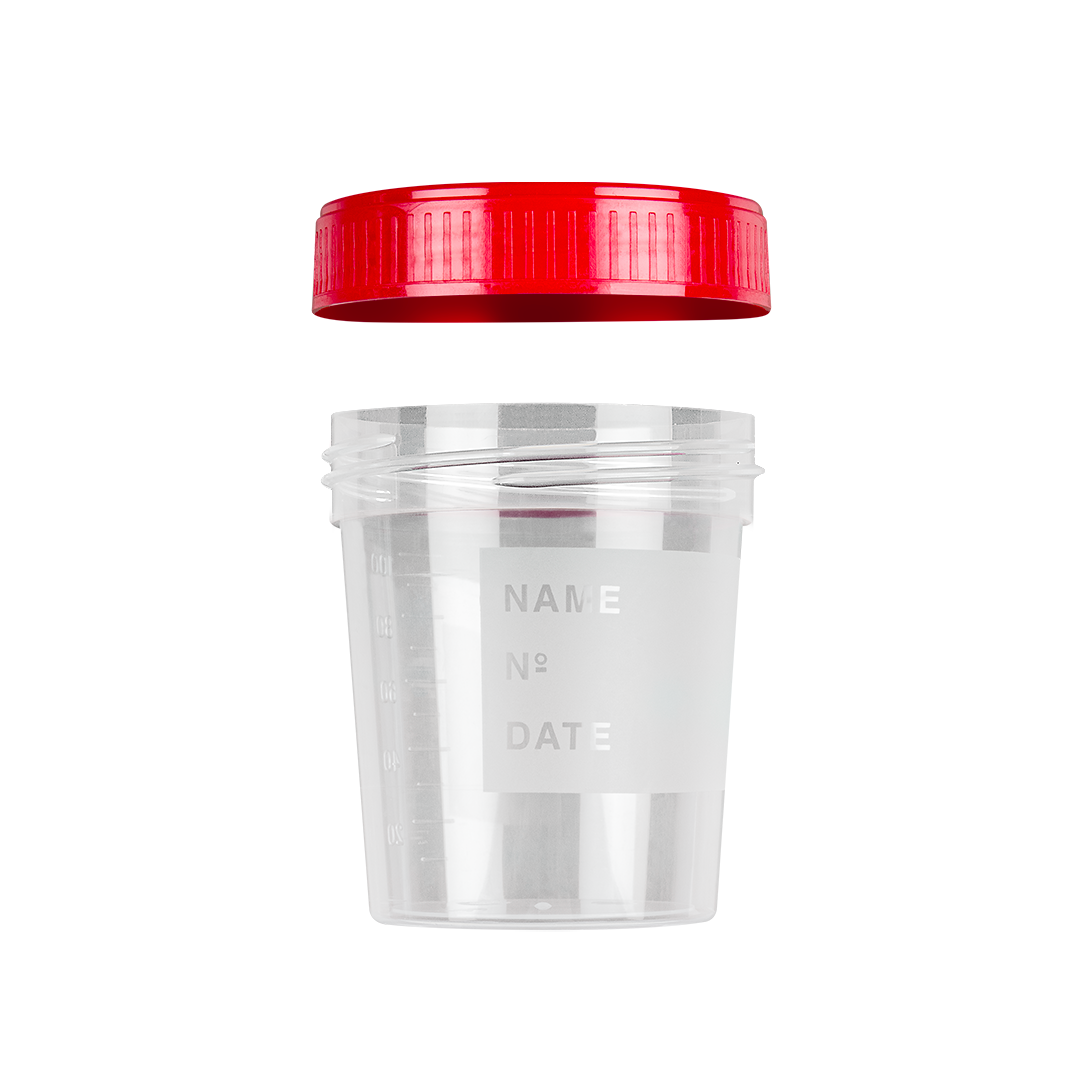 Pots à urine 120 ml avec étiquette avec bouchon à vis séparé - Carton de 500 pièces