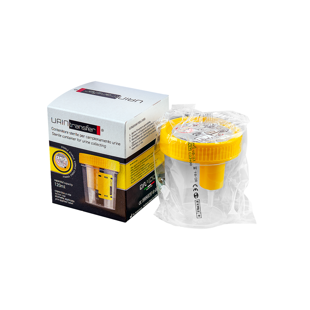 Pots à urine 120 ml avec étiquette en papier avec système d’aspiration pour tubes sous vide - emballé individuellement - Carton de 100 pièces