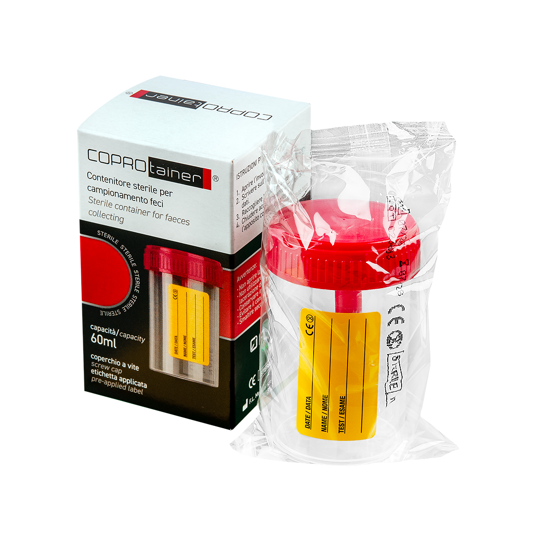 Flacon à selles stérile 60 ml en PP avec couvercle à vis rouge, emballé individuellement en boîte unitaire - Carton de 100 pièces