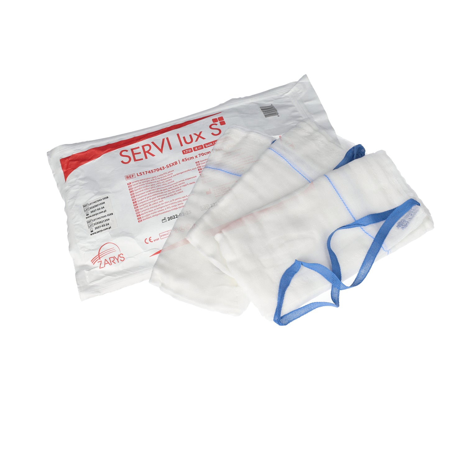 Zarys SERVI lux S Éponges de gaze avec fil radiologique et ceinture, 17ème 4 plis 45cmx70cm - Carton de 32 sachets de 5