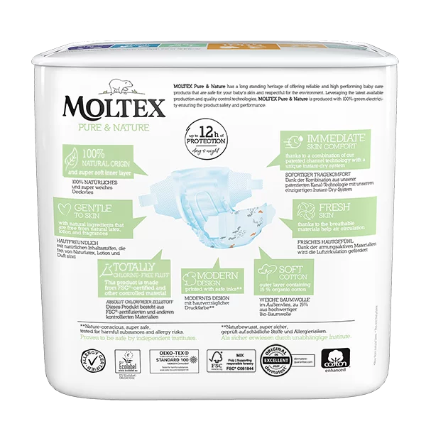 Moltex - Pure&Nature - Couche bébé - Midi - 4/9kg - Sachet de 33 pièces