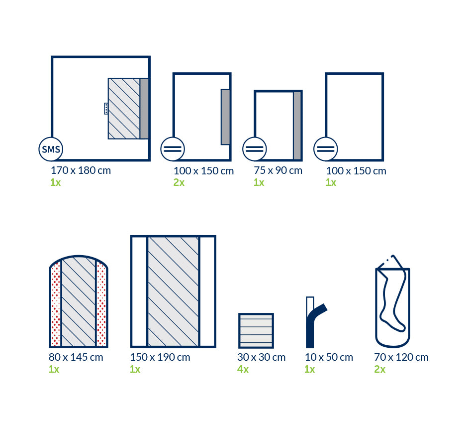 Kit de gynécologie avec champs adhésifs renforcés, champs sans adhésif, serviettes absorbantes, ruban OP, couvre membres, housse mayo renforcée et housse de table renforcée - 1 kit