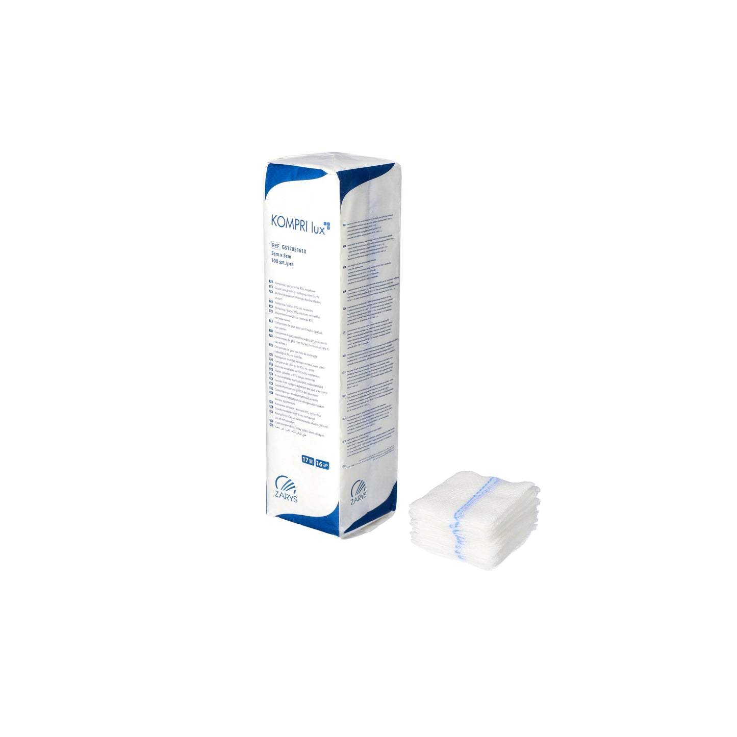 Zarys KOMPRI lux compresses de gaze avec fil radiodétectable, non stériles 17ème 16 plis 5cmx5cm - Carton de 96 sachets de 100