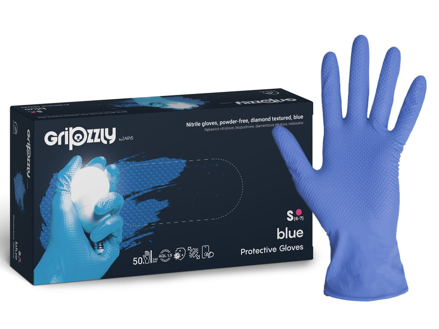 Gants de protection extra fort et résistant, Bleu, Nitrile, texture diamant - Boite de 50 pièces
