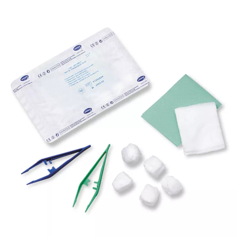 Hartmann - Set de Pansement avec compresses, pince anatomique, pince à mors fin, ciseaux pointus, pince kocher, champ 38x45 cm, et étiquette de traçabilité