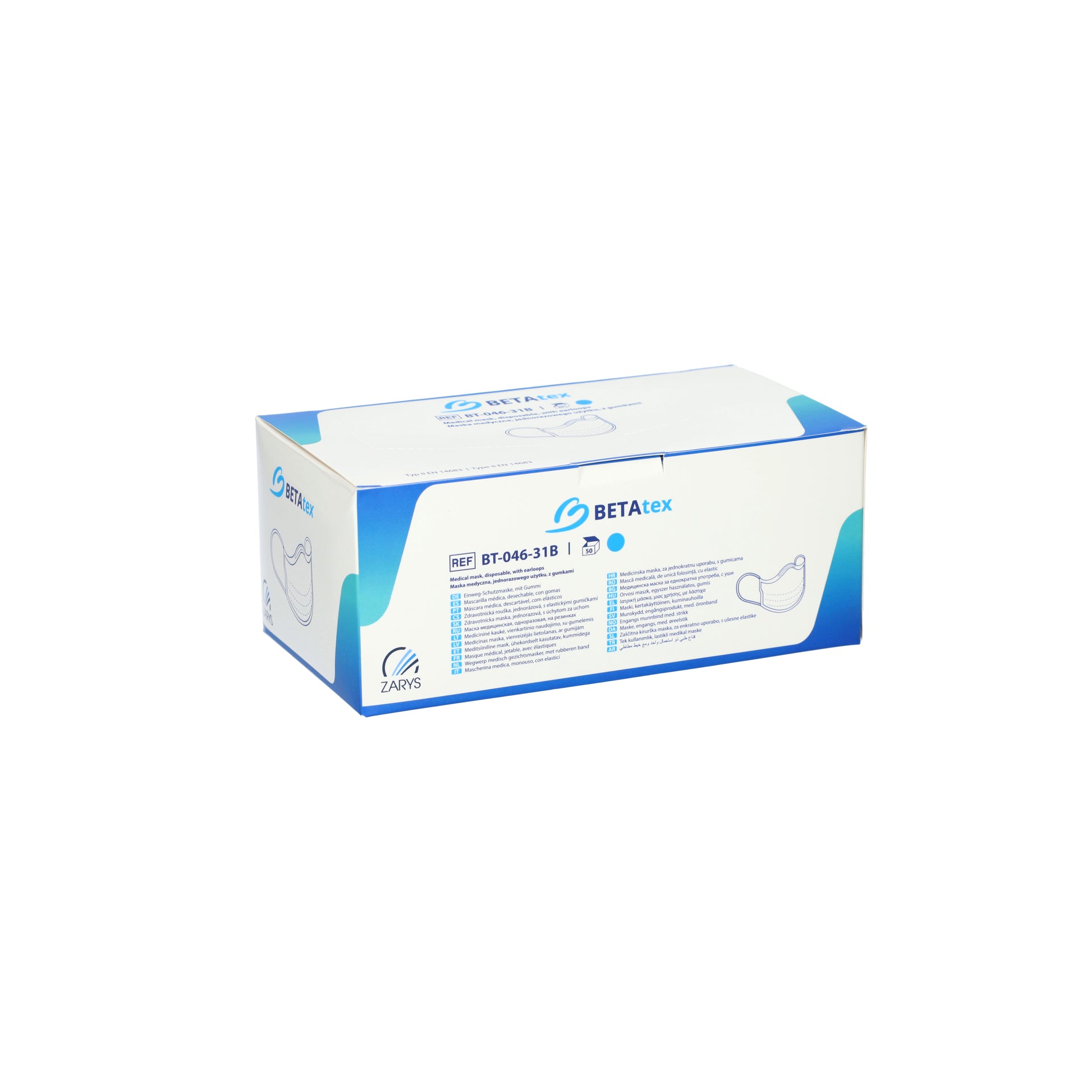 Zarys BETAtex - Masque médical, jetable, avec boucles d'oreilles, 3 couches, non-tissé, bleu, non stérile - Carton de 20 boîtes de 50