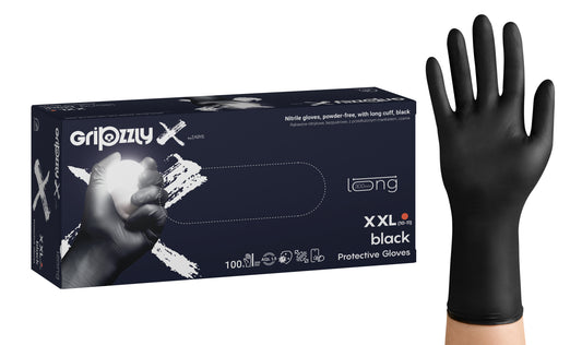 Zarys Gripzzly - X Gants en nitrile, non poudrés, manchette allongée, noir, taille : XXL - Carton de 10 boîtes de 100