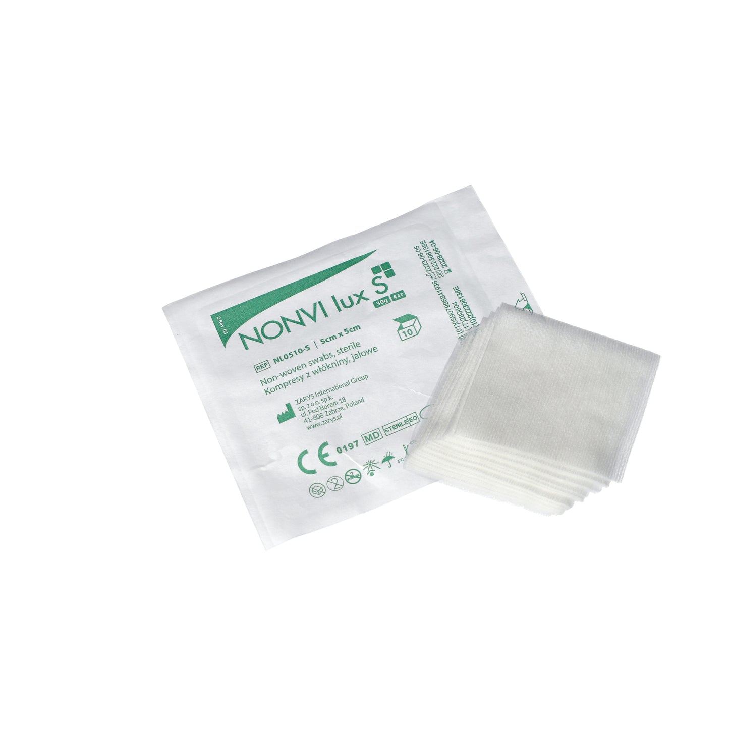 Zarys NONVI lux S Écouvillons non tissés, stériles, 30G 4 plis 5cmx5cm - Carton de 320 sachets de 10