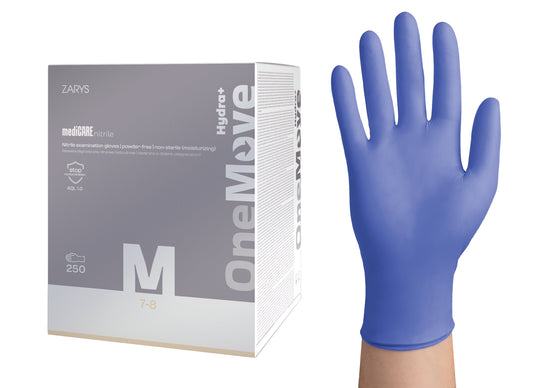 Zarys mediCARE nitrile OneMove Hydra+ - Nitrile gants d'examen hydratants, non poudrés, non stériles taille : M - A250 bleu violet - Carton de 8 boîtes de 250