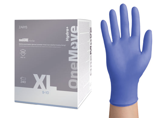 Zarys mediCARE nitrile OneMove Hydra+ - Nitrile gants d'examen hydratants, non poudrés, non stériles taille : XL - A240 bleu violet - Carton de 8 boîtes de 240