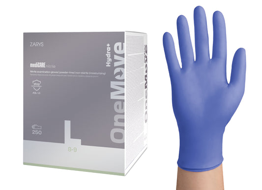 Zarys mediCARE nitrile OneMove Hydra+ - Nitrile gants d'examen hydratants, non poudrés, non stériles taille : L - A250 bleu violet - Carton de 8 boîtes de 250