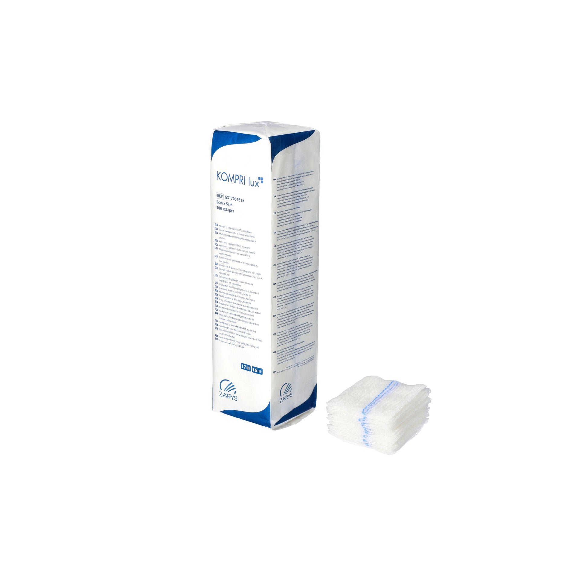 Zarys KOMPRI lux compresses de gaze avec fil radiodétectable, non stériles 17ème 16 plis 5cmx5cm - Carton de 96 sachets de 100