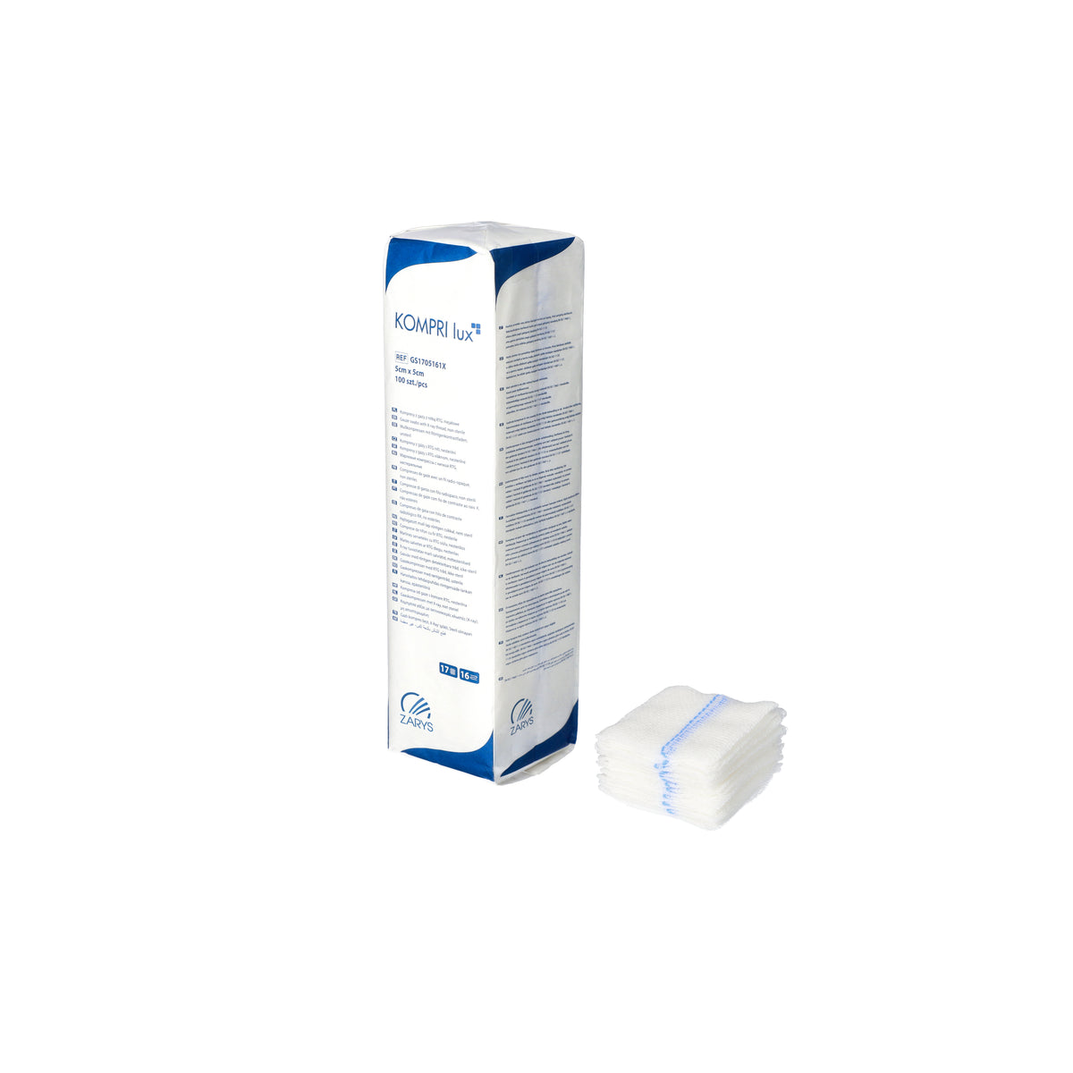 Zarys KOMPRI lux compresses de gaze avec fil radiodétectable, non stériles 17ème 16 plis 5cmx5cm - Carton de 96 sachets de 100