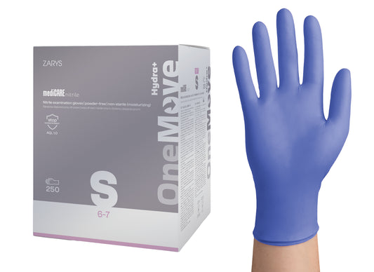 Zarys mediCARE nitrile OneMove Hydra+ - Nitrile gants d'examen hydratants, non poudrés, non stériles taille : S - A250 bleu violet - Carton de 8 boîtes de 250