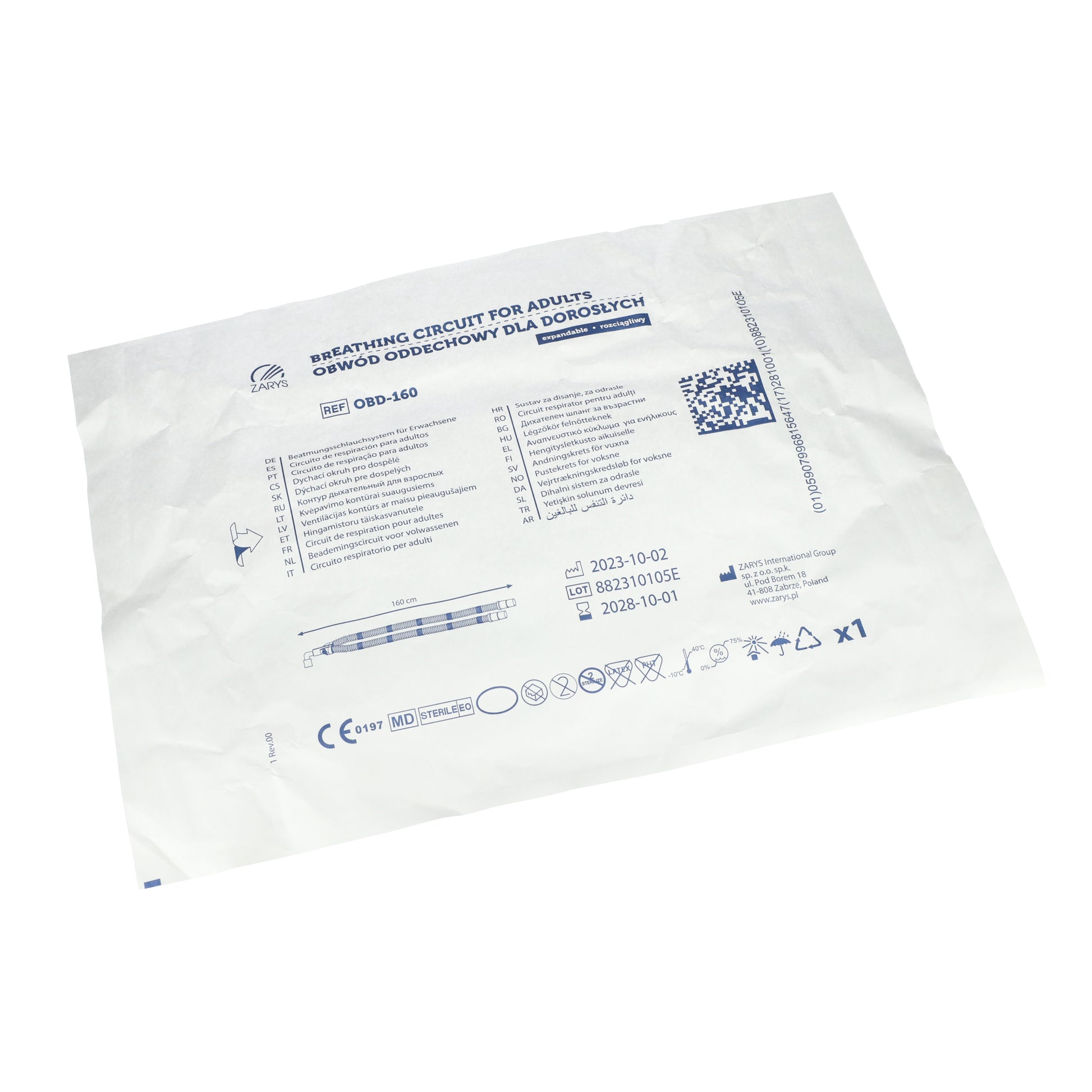 Zarys Circuit respiratoire pour adultes, extensible, 160 cm, stérile, sans phtalates - Carton de 50 unités
