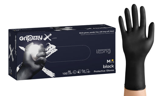 Zarys Gants Gripzzly - X en nitrile, non poudrés, manchette allongée, noirs, taille : M - Carton de 10 boîtes de 100